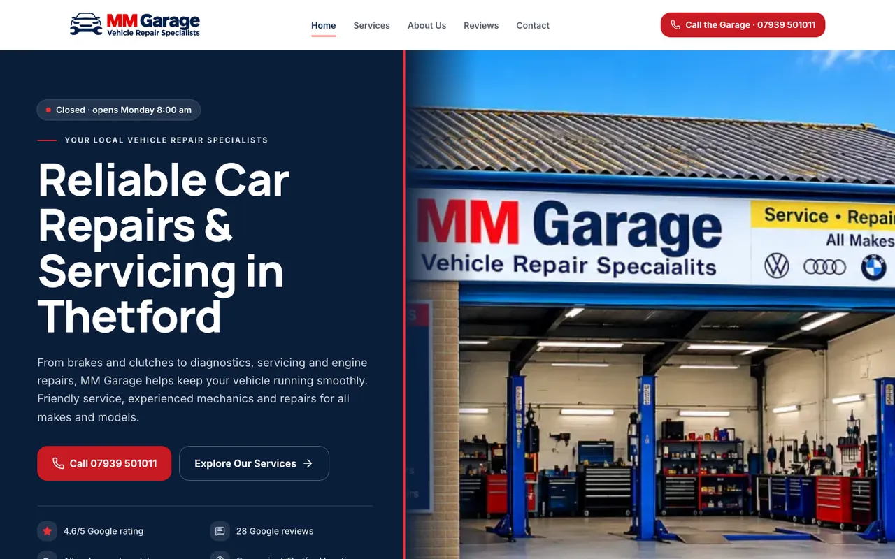 MM Garage website on desktop, designed by J.P Web Developer