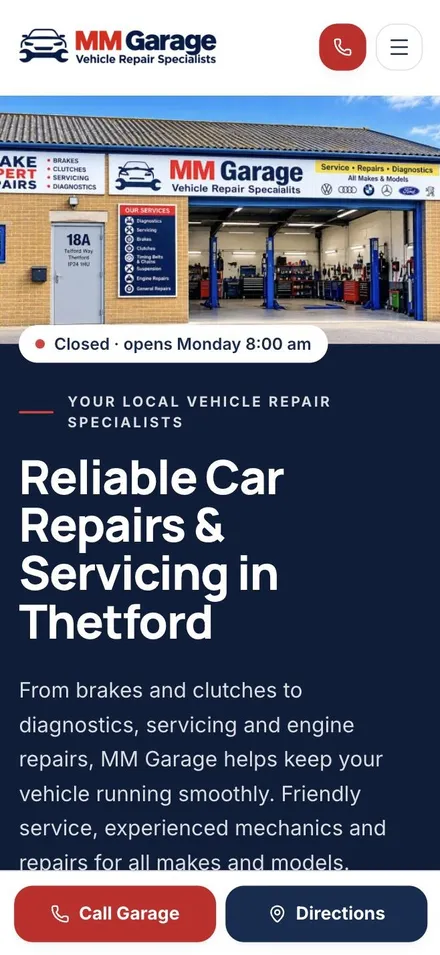 MM Garage website on mobile, designed by J.P Web Developer